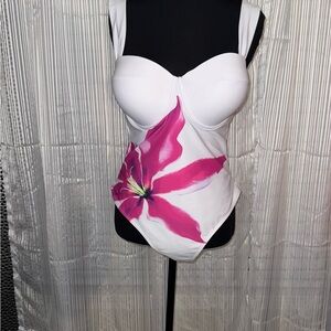 White and Pink Floral Swimsuit with Coverup